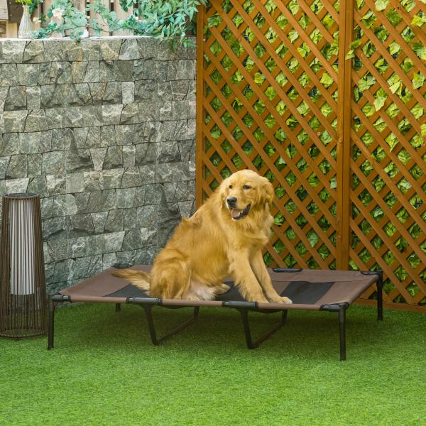 Cama para Animais de Estimação Cama Elevada para Cães Gatos com Tecido Transpirável para Dormir Relaxar Exterior Jardim Terraço 122x92x23cm Marrom