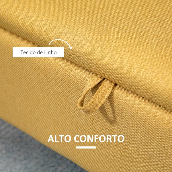 Banco de Armazenamento Estofado em Linho com Tampa Abatível e Pés de Aço Carga Máxima 150kg 101x38,5x44,5 cm Amarelo