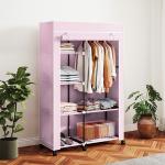 Roupeiro de Tecido Dobrável com 6 Prateleiras 1 Barra de Pendurar e Rodas para Dormitório Vestidor 103x43x162,5 cm Rosa