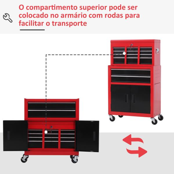 Carrinho de Ferramentas com Baú Superior 6 Gavetas Armário Fechadura e 4 Ganchos para Garagem 61,6x33x108 cm Vermelho
