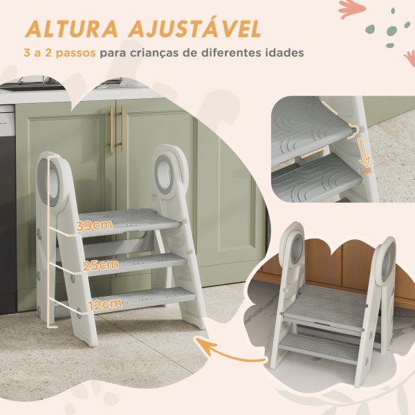 Banco para Crianças Dobrável Torre de Aprendizagem Escada para Crianças Antiderrapante 46,5x47x61,5 cm Cinza e Branco