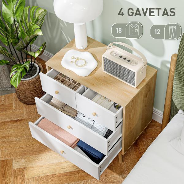 Cômoda de 4 Gavetas com Puxadores de Madeira Cómoda Estreita para Sala Corredor 60x35x65 cm Madeira e Branco