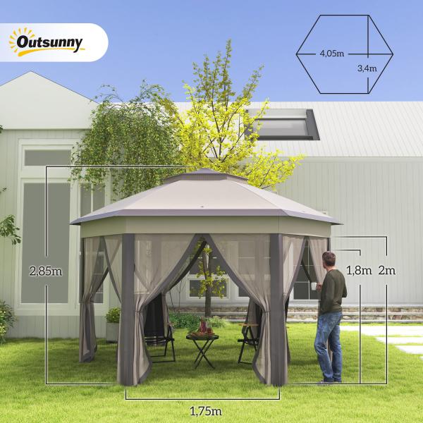 Tenda Dobrável 4x3,4 m Hexagonal com Duplo Teto 6 Mosquiteiras Destacáveis e Saco de Transporte Castanho e Bege
