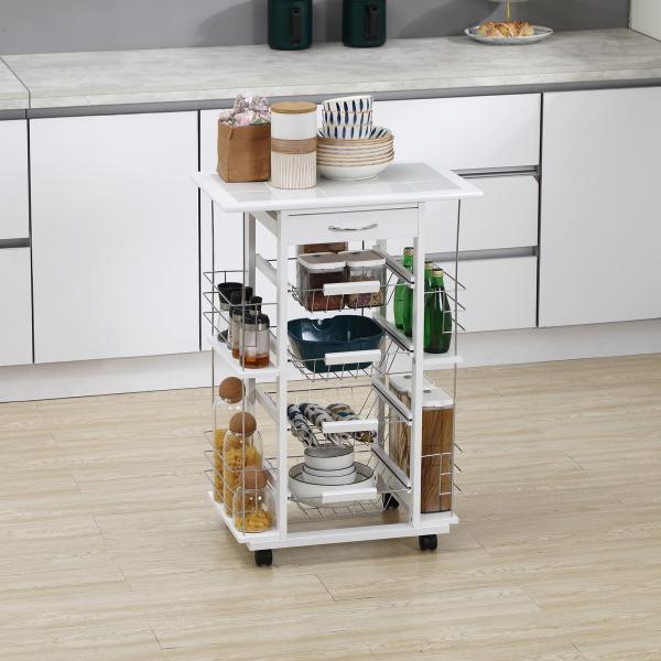 Carrinho de Cozinha com Rodas Gaveta 4 Cestas de Metal e 4 Suportes para Temperos Laterais 57x37x83cm Branco