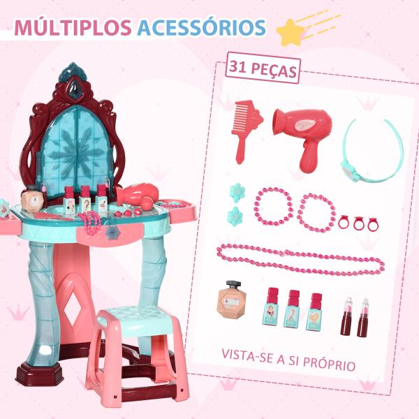 Toucador Infantil com Banco Espelho Luz Música e Secador Inclui 31 Acessórios Toucador de Maquilhagem 57x34x73cm Multicor