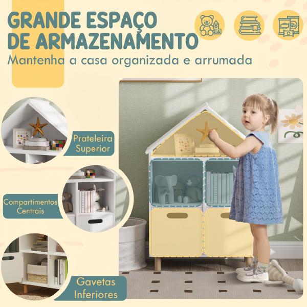 Estante para Livros Infantil de 3 Níveis em Forma de Casa com 3 Prateleiras e 2 Armários, para Crianças dos 3 aos 8 Anos, Branco