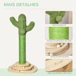 Poste Arranhador para Gatos em Forma de Cactus Pequena Árvore Arranhadora para Gatos com Poste de Sisal e Pelúcia Bola Suspensa e Base com Brinquedo de Madeira 32x32x60cm Verde