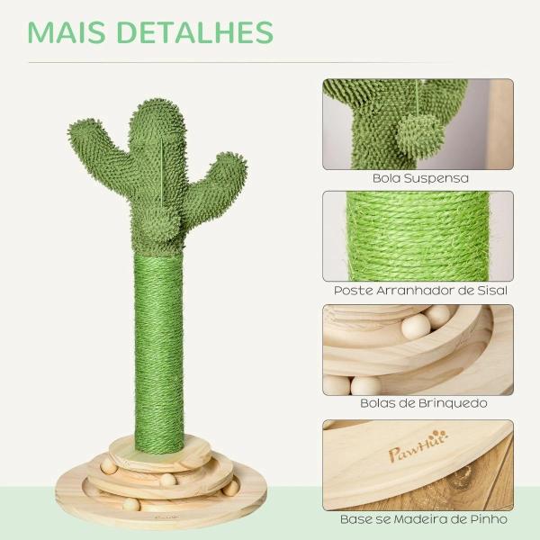 Poste Arranhador para Gatos em Forma de Cactus Pequena Árvore Arranhadora para Gatos com Poste de Sisal e Pelúcia Bola Suspensa e Base com Brinquedo de Madeira 32x32x60cm Verde
