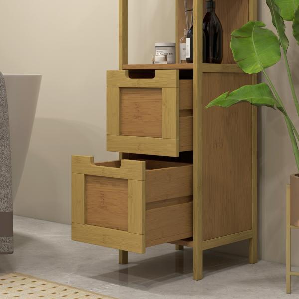 Coluna Casa de Banho com 3 Prateleiras e 2 Gavetas Armário Alto para Casa de banho Estilo Moderno 30x30x144,3 cm Madeira