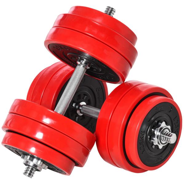 Conjunto de Halteres 30kg Ajustáveis 2 em 1 com Barras e Extensor para Treinamento de Força Levantamento de Pesos para Casa Academia Preto e Vermelho