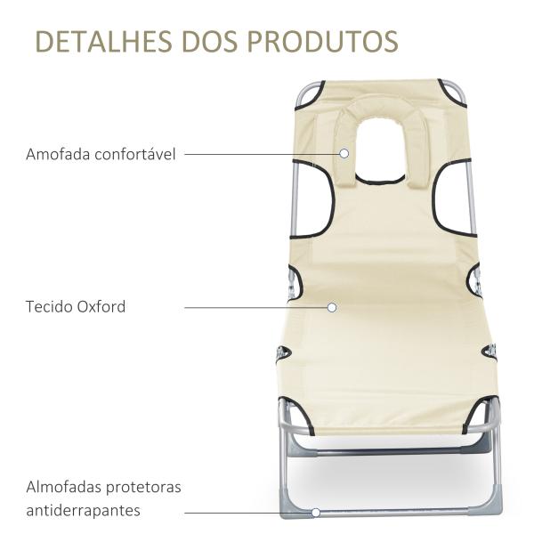 Espreguiçadeira de Jardim Reclinável e Dobrável com Orifício de Leitura Apoio para Cabeça e Encosto Ajustável em 4 Níveis para Praia 182x56x24,5 cm Bege