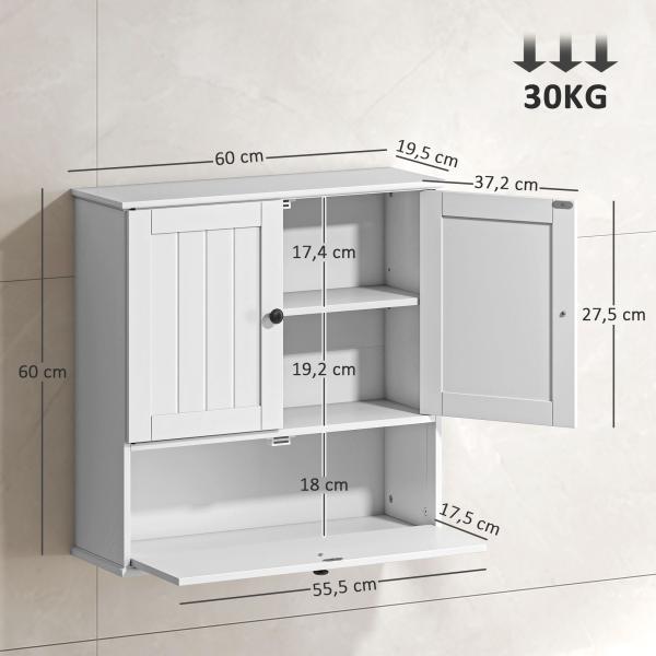 Armário Casa de Banho de Parede Rústico com Prateleira Ajustável Dupla Porta Porta Basculante e Fecho Magnético 60x19,5x60 cm Branco