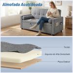 Sofá - Cama 2 Lugares 3 em 1 Deslizante em Tecido Linho com Encosto Ajustável Bolsos 2 Almofadas para Sala de Estar Cinzento