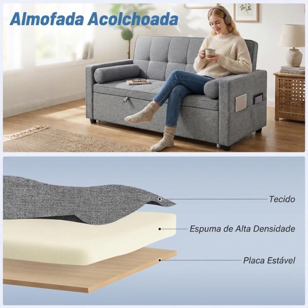 Sofá - Cama 2 Lugares 3 em 1 Deslizante em Tecido Linho com Encosto Ajustável Bolsos 2 Almofadas para Sala de Estar Cinzento