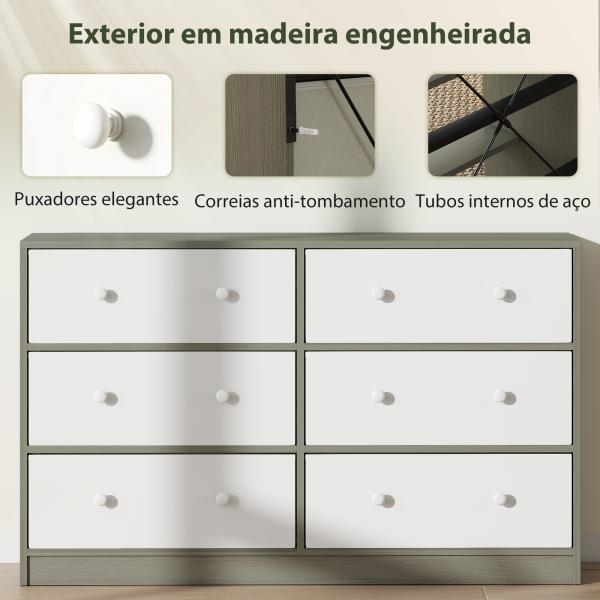 Cómoda com 6 Gavetas de Tecido Cómoda para Quarto Estrutura de Aço e MDF 114x30x70 cm Branco e Cinza