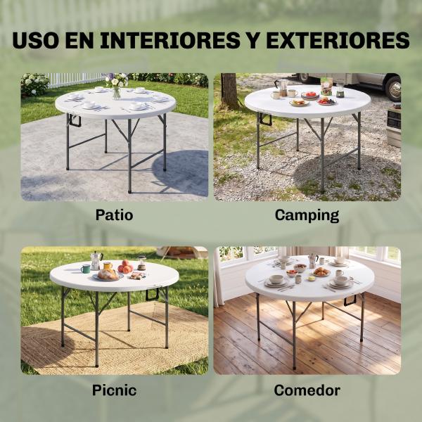 Mesa de Jardim Redonda Mesa de Varanda Dobrável com Estrutura de Aço e Bancada de HDPE Ø122x73 cm Branco