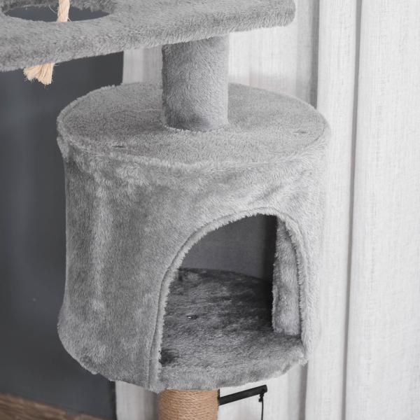 Árvore Arranhador para Gatos com Plataforma Caverna Rede postes de Juta Corda e Bola Suspensa 48x48x120 cm Cinza