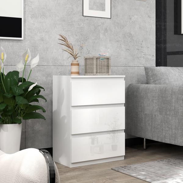 Cómoda com 3 Gavetas de Madeira Cómoda de Dormitório Cómoda Branca Estilo Moderno 55x34x75 cm Branco Brilhante