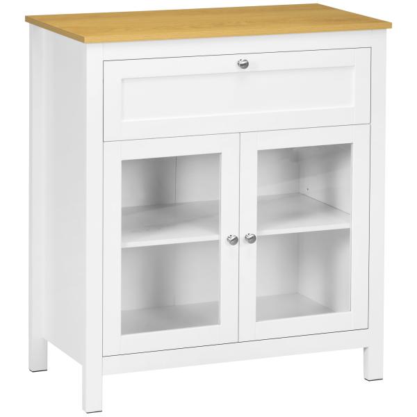 Aparador de Cozinha Moderno Móvel Buffet Auxiliar com Gaveta Prateleira Ajustável e 2 Portas de Vidro 80x40x90 cm Branco e Madeira