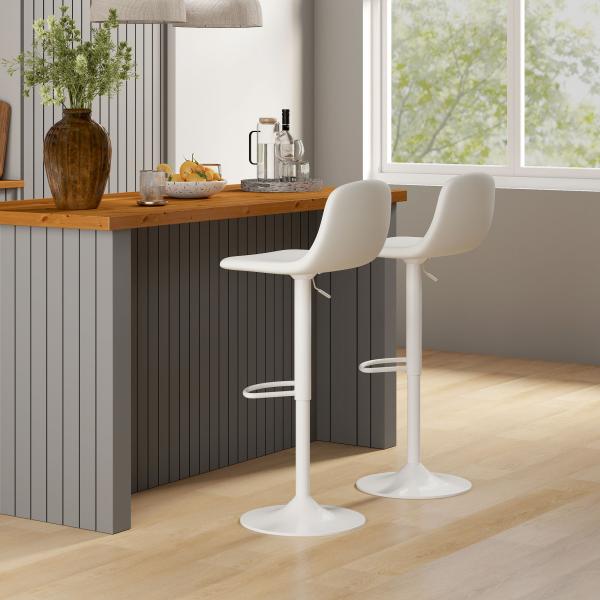 2 Bancos de Bar Reguláveis em Altura 84 - 104 cm com Encosto e Apoio para os Pés Estofadas em PU Giratórias em 360° Branco
