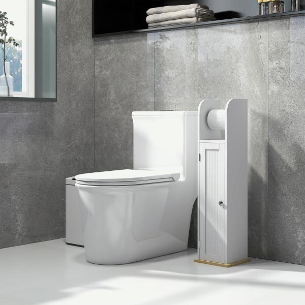 Armário Casa de Banho Armário com Prateleiras Ajustáveis e Suporte para Papel Higiénico 20x20x80 cm Branco