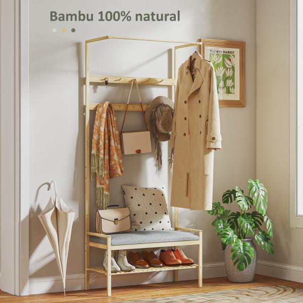Móvel Cabide de Entrada com Sapateira 10 Ganchos Barra Superior e Compartimento 73,5x34x171 cm Madeira e Cinza
