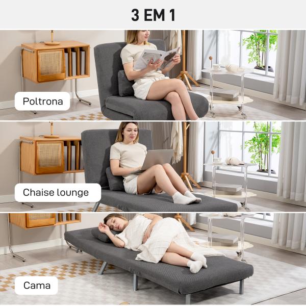 Sofá Cama de Uma Praça Dobrável Revestido em Tecido Cinzento Mesclado com Encosto Ajustável em 5 Níveis 80x75x83 cm