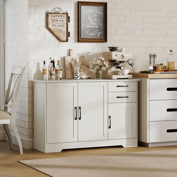 Aparador com 3 Portas Moderno para Sala de Estar com 2 Gavetas Prateleira Ajustável 120x38x79 cm Branco com Efeito Madeira