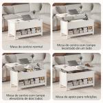 Mesa de Centro Elevatória e Extensível com Compartimentos Ocultos e Prateleira Aberta 100x90x64 cm Branco