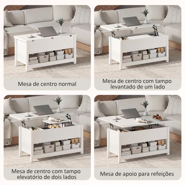 Mesa de Centro Elevatória e Extensível com Compartimentos Ocultos e Prateleira Aberta 100x90x64 cm Branco
