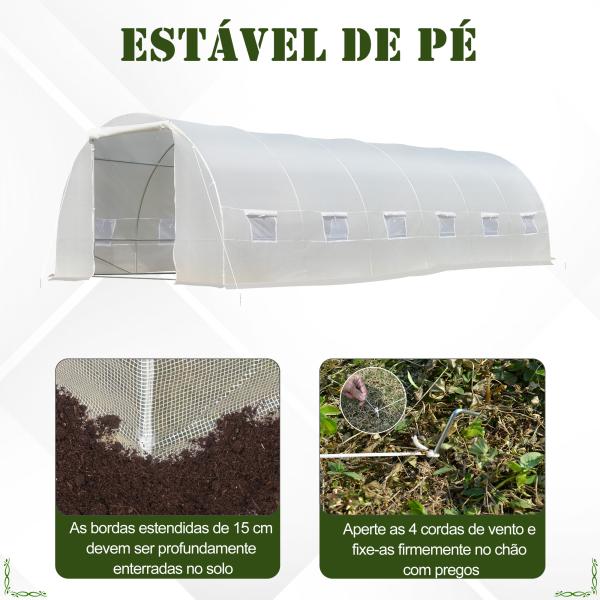 Estufa Tipo Túnel 800x300x200cm com 12 Janelas e Porta Enrolável Cobertura de PE 140g/m² e Aço para Cultivo de Plantas Verduras Branco
