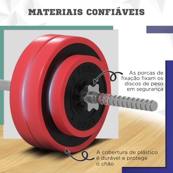 Conjunto de Barra de Pesos 30 kg com Discos Conjunto de Musculação com 6 Discos e 1 Barra para Treino de Força Levantamento de Pesos 170x26x26 cm Vermelho