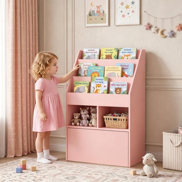 Estante de Madeira para Brinquedos com 3 Compartimentos 2 Prateleiras e Gaveta Móvel com 4 Rodas 60x29,9x90 cm Rosa