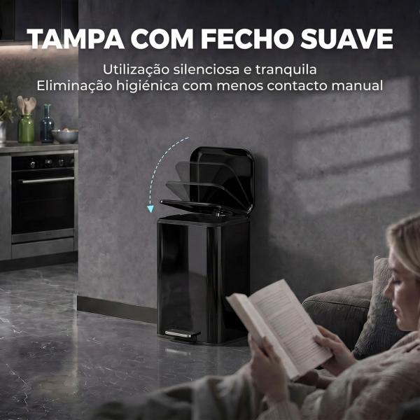 Caixote do Lixo para Cozinha 20 L em Aço Galvanizado com Tampa de Fecho Suave Pedal Balde Removível e Antiimpressões Digitais Preto