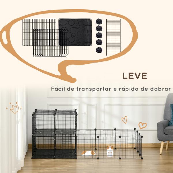 Recinto para Pequenos Animais Recinto Metálico para Animais com Forma Personalizável para Coelhos Porquinho da Índia 175x105x70 cm Preto