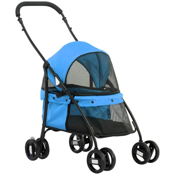 Carrinho para Animais de Estimação Dobrável com Janela de Malha Almofada Lavável Arnês de Segurança 82x47x97cm Azul