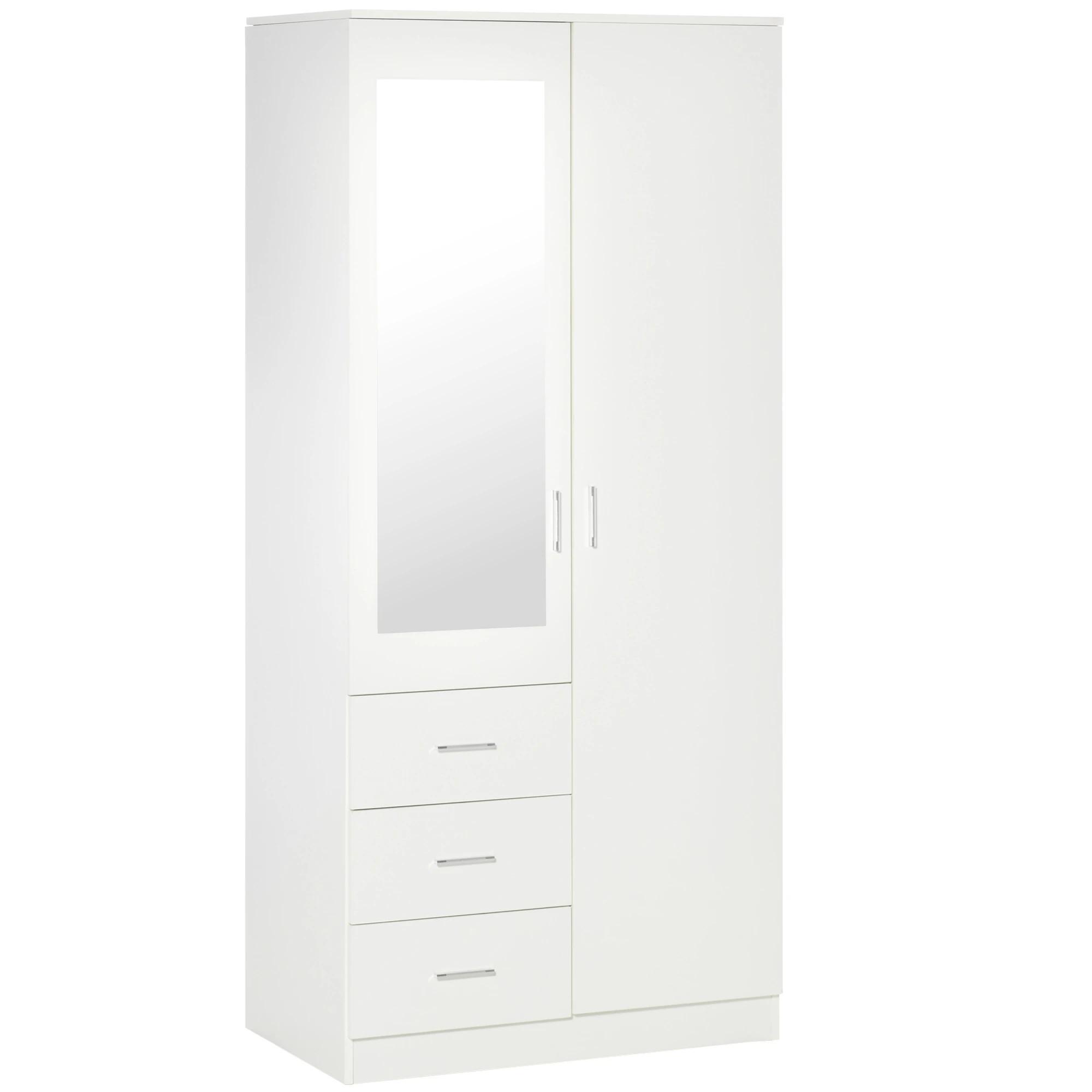 Armário Roupeiro de 2 Portas com Espelho 3 Gavetas Prateleiras Ajustáveis e Barra para Pendurar Incluida Roupeiro para Dormitório 80x50x180cm Branco