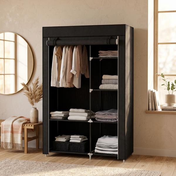 Roupeiro de Tecido Dobrável com 6 Prateleiras e 1 Barra de Pendurar para Dormitório Vestidor 103x43x162,5 cm Preto