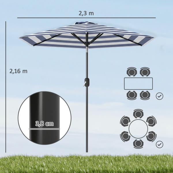 Chapéu de Sol Exterior Ø230 cm com Ângulo Ajustável e Manivela Impermeável Azul e Branco