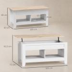 Mesa de Centro com Bancada Elevável 2 Compartimentos Abertos Bancada de Madeira 105x50x49 cm Branco e Madeira