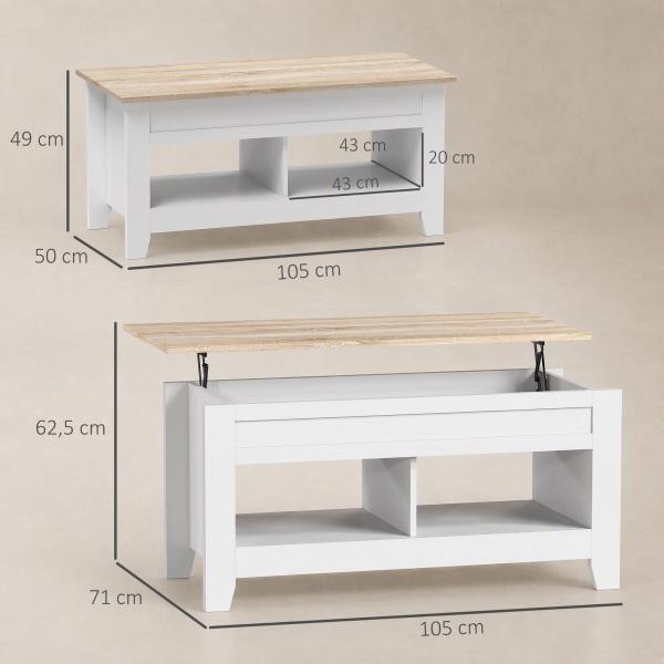 Mesa de Centro com Bancada Elevável 2 Compartimentos Abertos Bancada de Madeira 105x50x49 cm Branco e Madeira