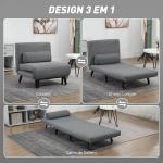 Sofá Cama Individual Dobrável com Encosto Ajustável em 5 Níveis Almofada e Estofado de Linho Sintético 75x70x75 cm Cinzento