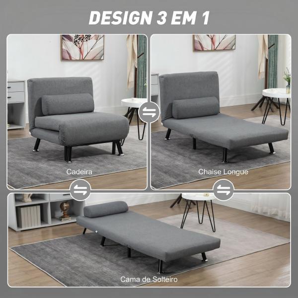 Sofá Cama Individual Dobrável com Encosto Ajustável em 5 Níveis Almofada e Estofado de Linho Sintético 75x70x75 cm Cinzento