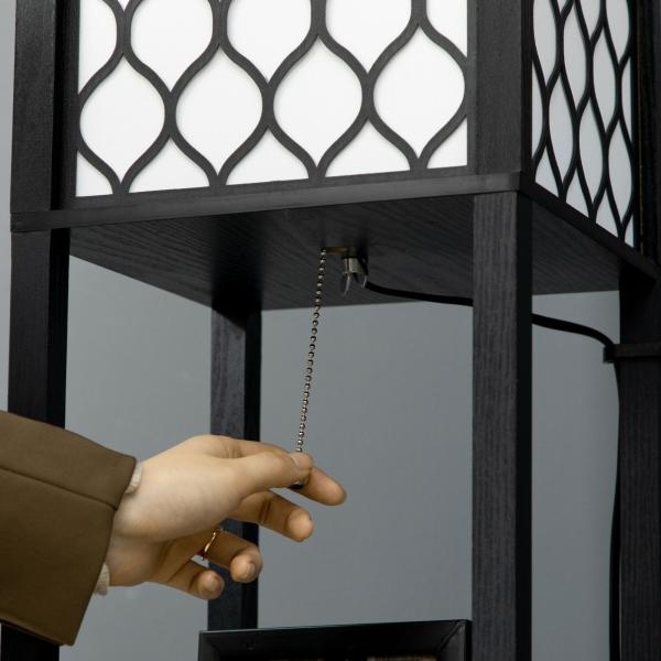 Candeeiro de Pé de Madeira com Estantes Lâmpada E27 Máx. 40W com Interruptor 26x26x156cm Preto e Branco