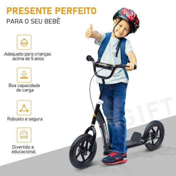 Trotinete para Crianças acima de 5 anos Scooter de 2 Rodas Grandes de 12 Polegadas com Freio e Guidão Ajustável em Altura Carga Máx. 50kg 120x52x80 - 88cm Preto