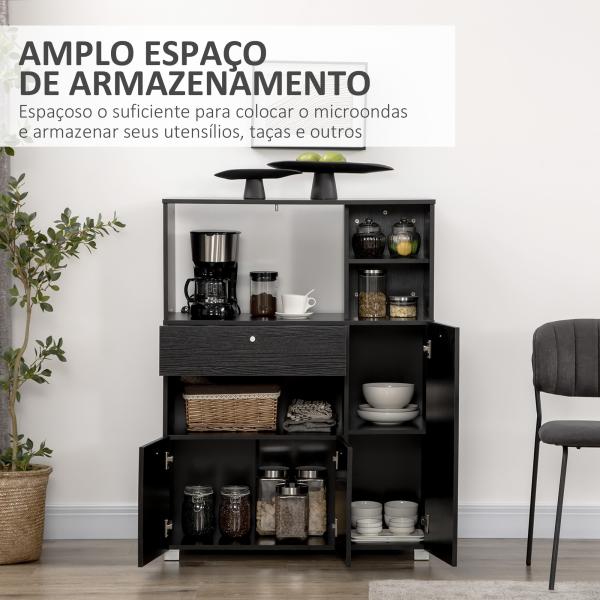 Aparador Auxiliar para Microondas Buffet de Cozinha com 2 Armários com Portas 1 Gaveta e Prateleiras 90x40x120 cm Preto