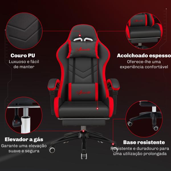 Cadeira Gaming Ergonómica Reclinável 135° de Couro PU com Suporte Lombar Altura Ajustável 65x65x129 cm Preto e Vermelho