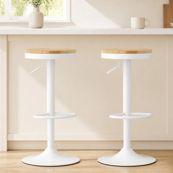 Conjunto de 2 Bancos de Bar Giratórios Bancos Altos de Cozinha com Descanso para Pés 38,5x38,5x60 - 80 cm Madeira e Branco