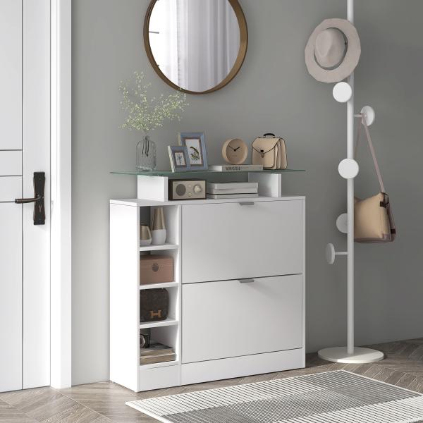 Sapateiro com Gavetas Basculantes, Prateleiras Ajustáveis e Prateleiras Abertas para 12 Pares de Sapatos 89x25x92 cm Branco