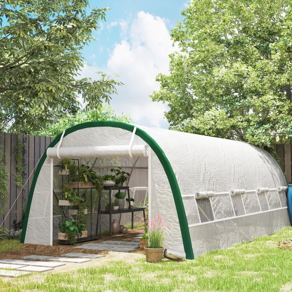 Estufa de Exterior 6x3x2 m Estufa de Túnel com Porta Enrolável 8 Janelas com Rede Cobertura PE 140g/m² Estrutura em Aço Branco